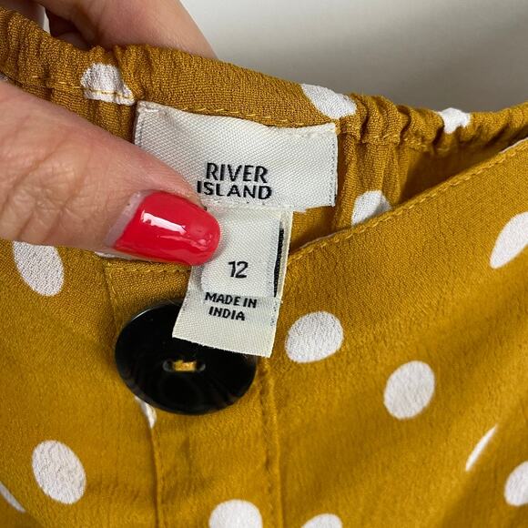 River Island Polka Dot Maxi Dress – Yellow Off Shoulder Slit – Size 12 - Picture 5 of 9